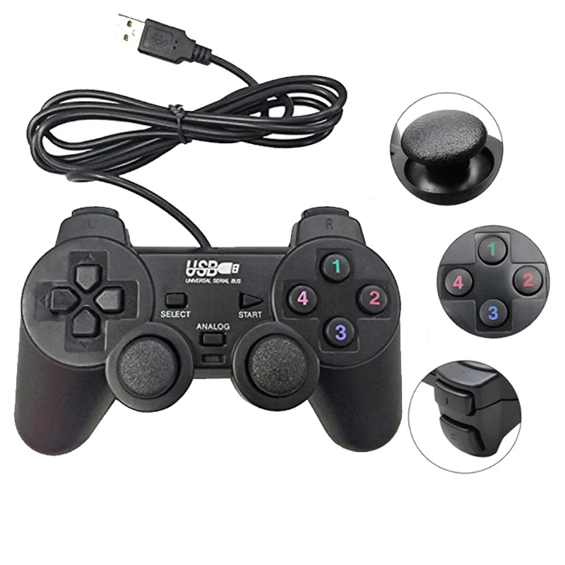 Controle de Jogo com Fio para Playstation 2, Joystick com Vibração e Choque, Joypad USB com Fio para PC, Compatível com WinXP/Win7/Win8/Win10