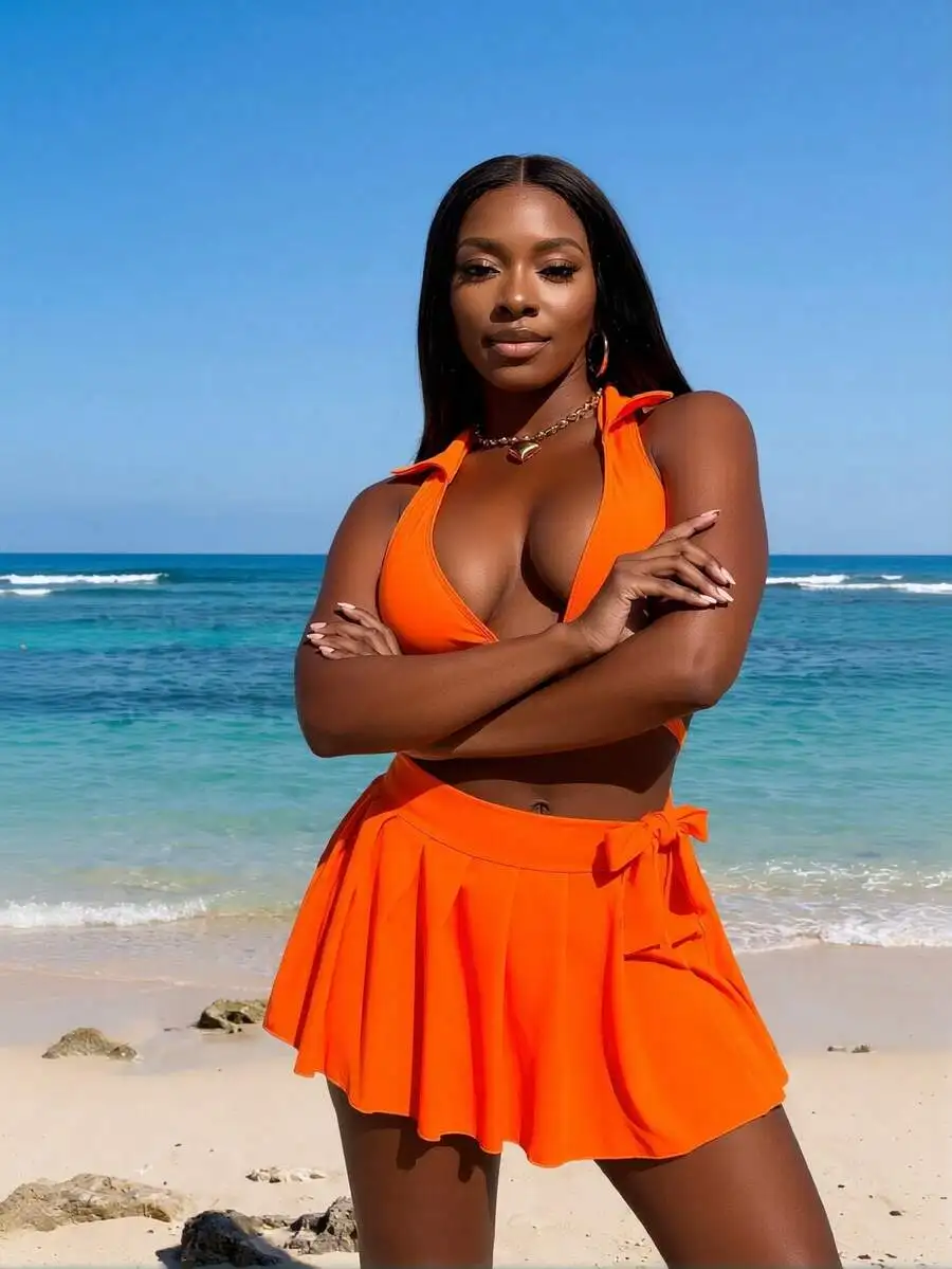 Womens Orange Halter Crop Top And Pleated Mini Skirt Two Piece Set Summer Beach Outfit view 2