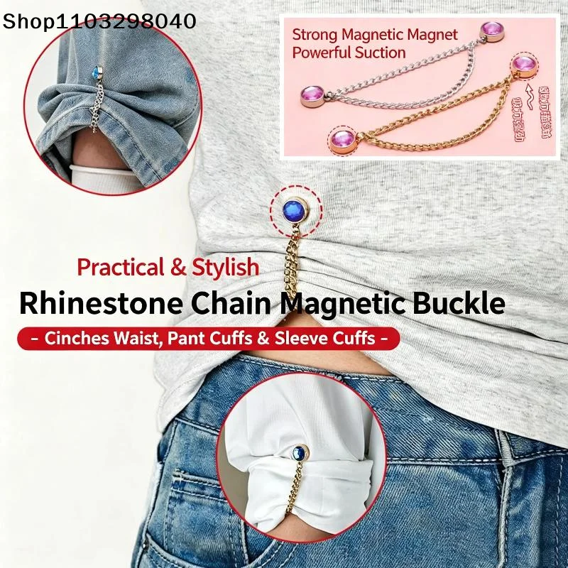 2 PCS Rhinestone Magnetic Waist Cinch Clips With Adjustable Chain For Tightening Oversized Tops