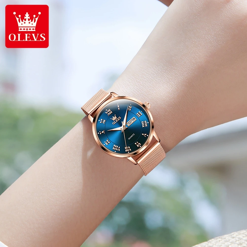 OLEVS Rome Time Quartz Watch Women Rose Gold Blue Ladies Bracelet Watches Female Clock Relogio Feminino Montre Femme