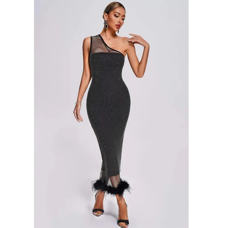 European and American New Super Flash Mesh Full Diamond Feather Skirt Oblique Shoulder Bag Hip Bandage Dress Long Dress Women's