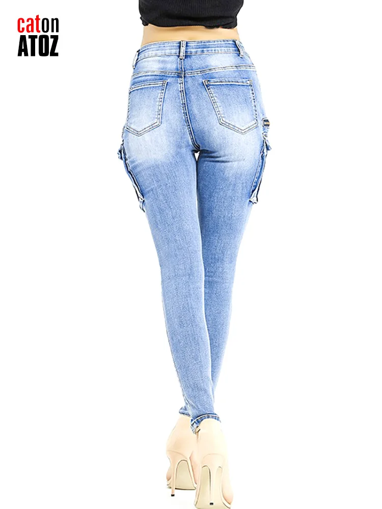 catonATOZ 2237 Women Spring 2023 Fashion Cargo Pants Summer Female Zipper Pocket Stretch Slim Jeans Skinny Denim Tousers