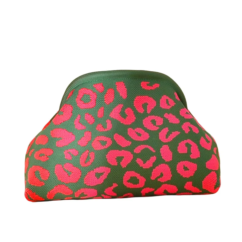 Fashion Polyester Clutch Bag Leopard Print Knitted Fabric Clip Bag Large Capacity Clip Closure Purse Party Occasion