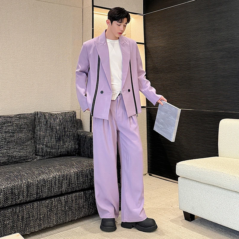 IEFB Korean Style Men's Two-piece Suit Set Niche Double Zipper Decoration Straight Loose Pants 2024 New Stylish Male 9C7331