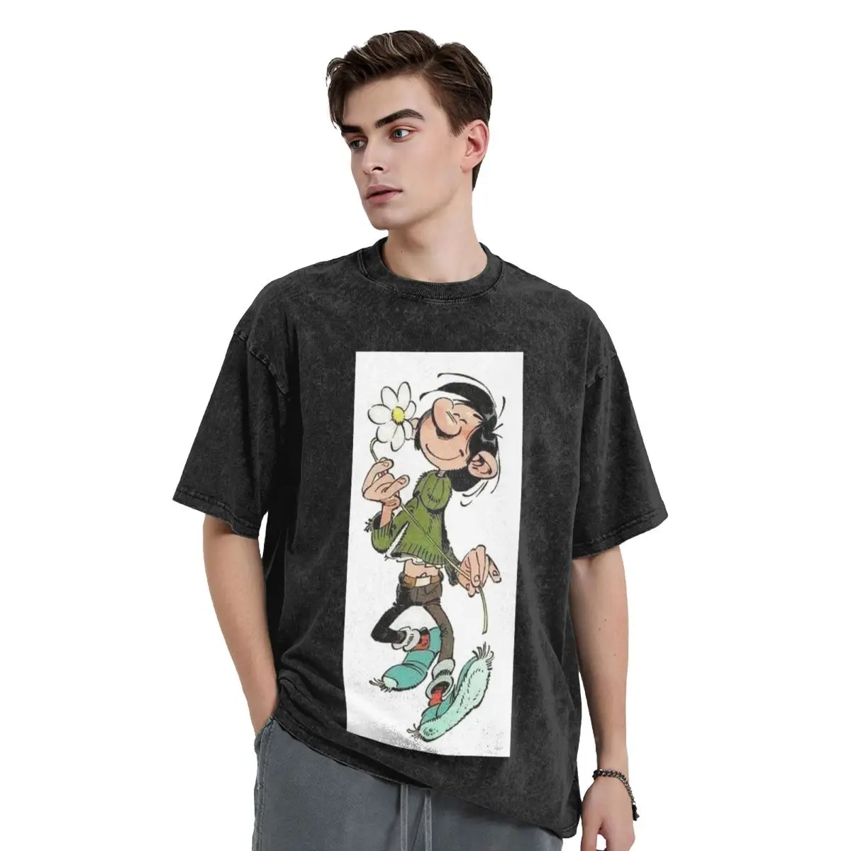 Gaston Lagaffe Washed T Shirts Vintage Short Sleeve Hip Hop T-Shirt Streetwear Tops Tees for Men Women