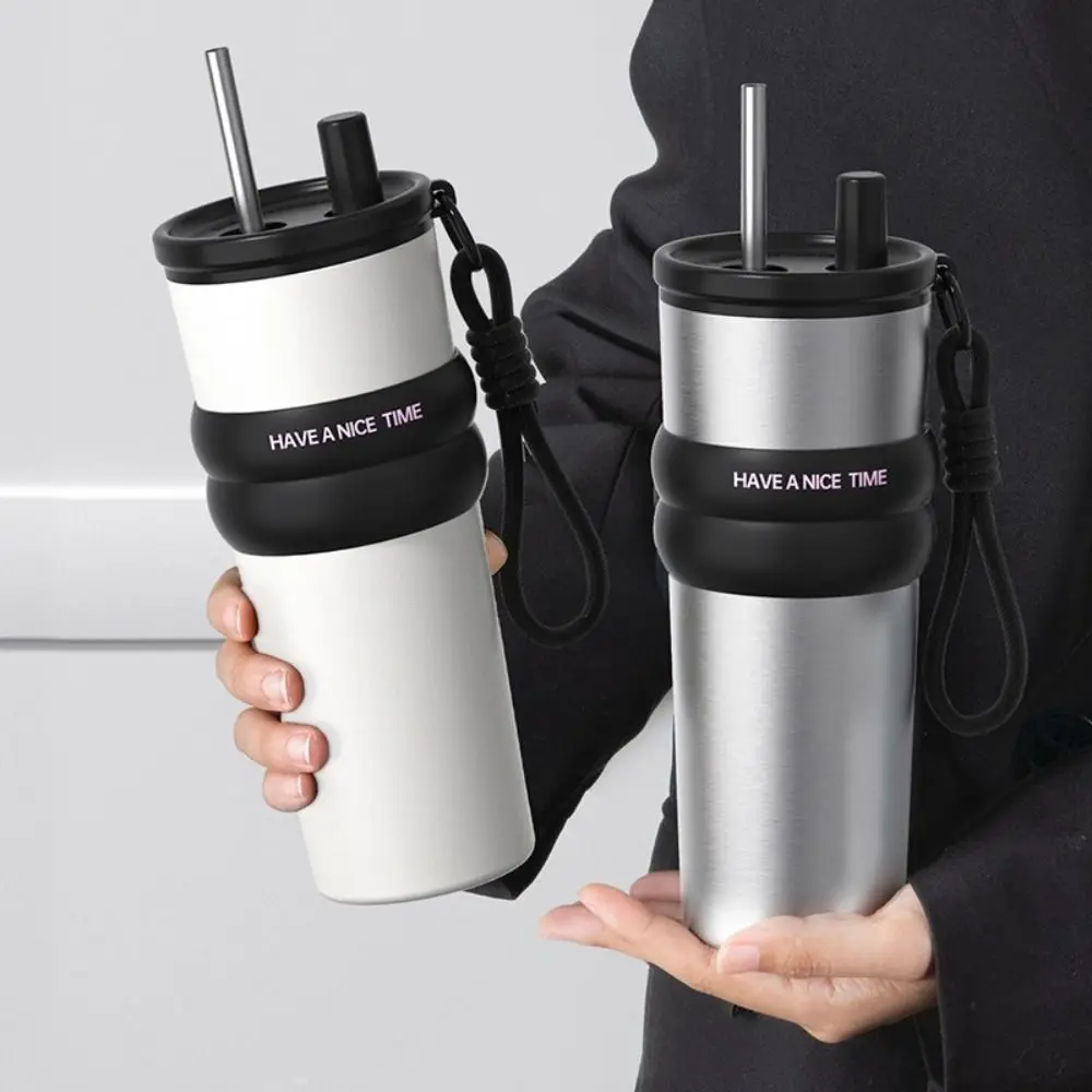 

Stainless Steel Vacuum Insulated Bottle Large Capacity Large Caliber Leak-proof Thermos with Lifting Rope With Straw Thermal Cup