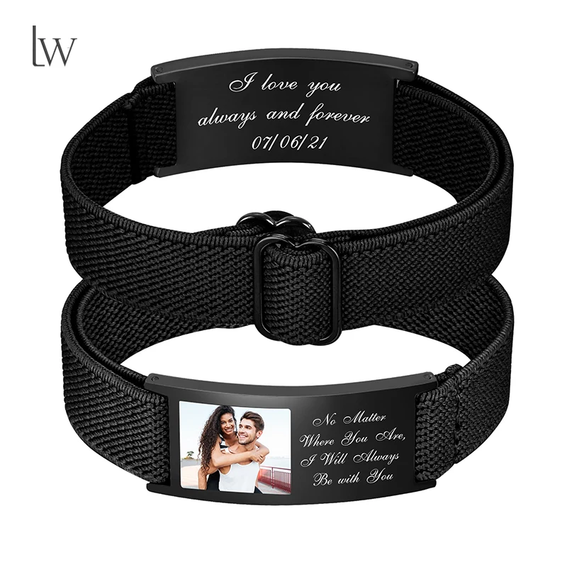Personalized Photo Bracelet Custom Engraved Picture Text Custom Elastic Strap Stainless Steel ID Bracelets Gifts for Men Women