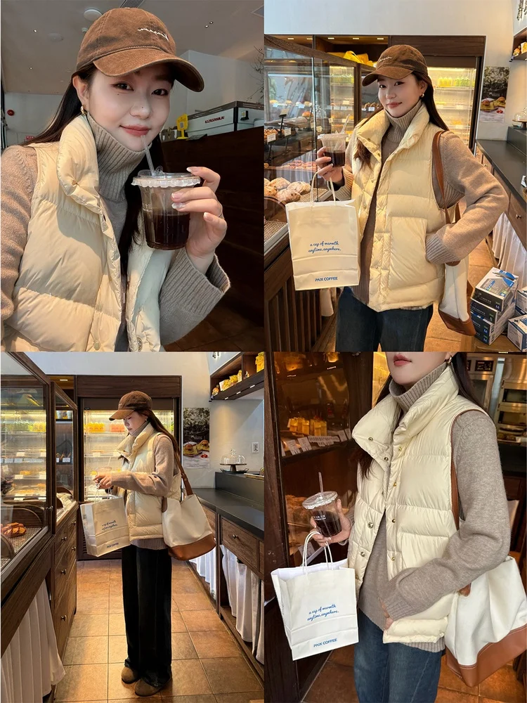 

plus Size Women's Casual Sle Du down Vest Svel Warm Fce Lined Stand Collar Single Button Closure Thiened Jaet