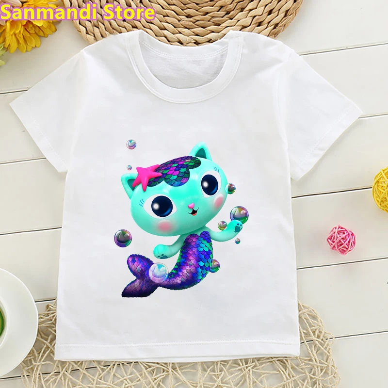 Gabbys Doll House Mermaid Cat Print T Shirt Kids Clothes Girls/Boys Funny Summer Tops Short Sleeve Tshirt Children Clothing