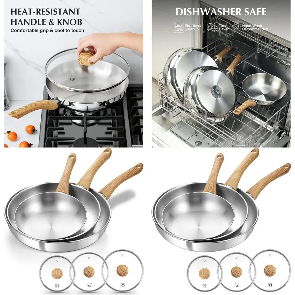 

Набор из трех сковород из нержавеющей стали с крышками, 8, 10, 12 дюймов, с термостойкими ручками, подходит для индукционных плит, равномерное распределение тепла