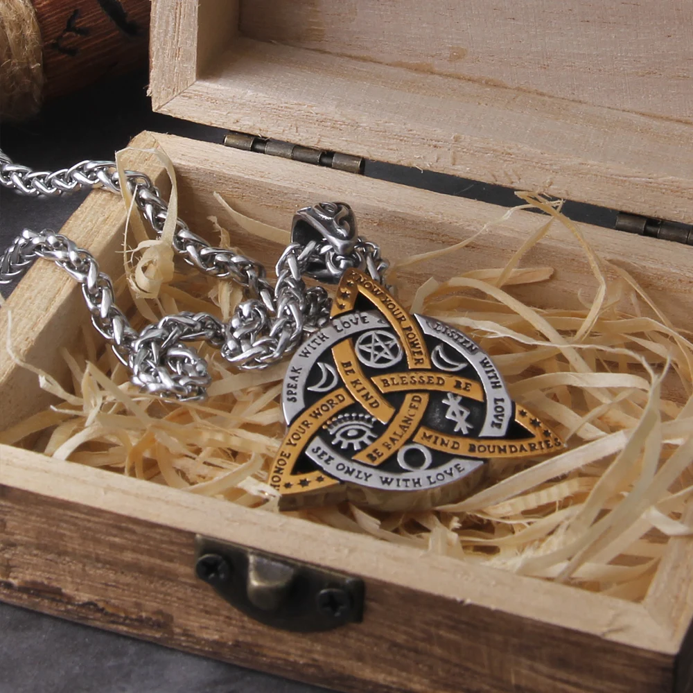 🔺 Wiccan Trinity Pendant Necklace – Stainless Steel Viking Amulet with Wooden Box 2
