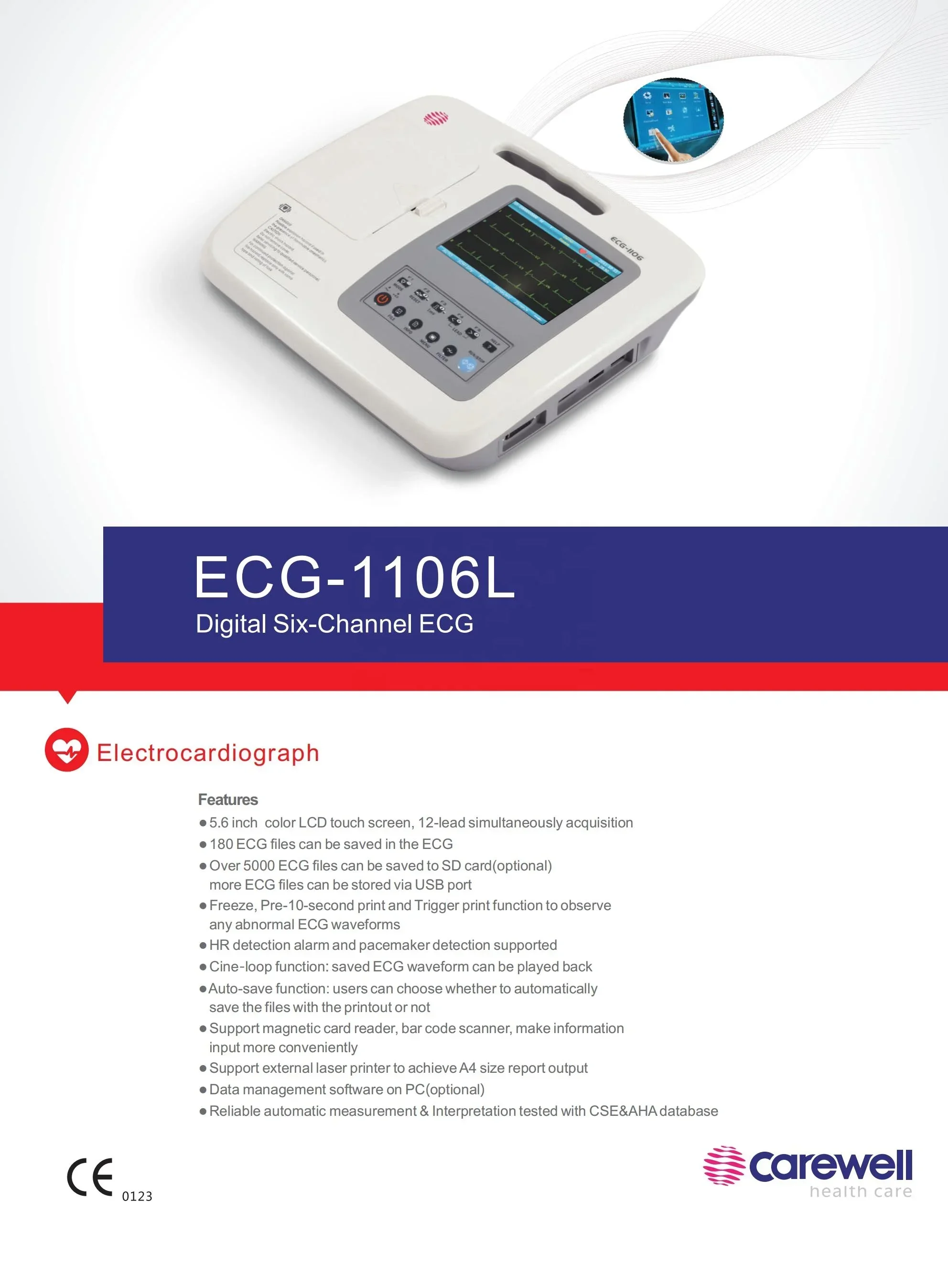 Portable Printing Function Test Reliable Pacemaker Detection Electrocardiograph ECG-1106L