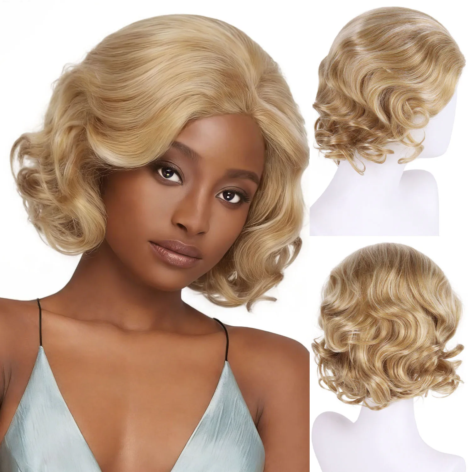 

Synthetic Hair Short Curly Wig for Black Women Blonde Luxury Ladies Wigs Daily Costume Party Heat Resistant Mommy Wig with Bangs