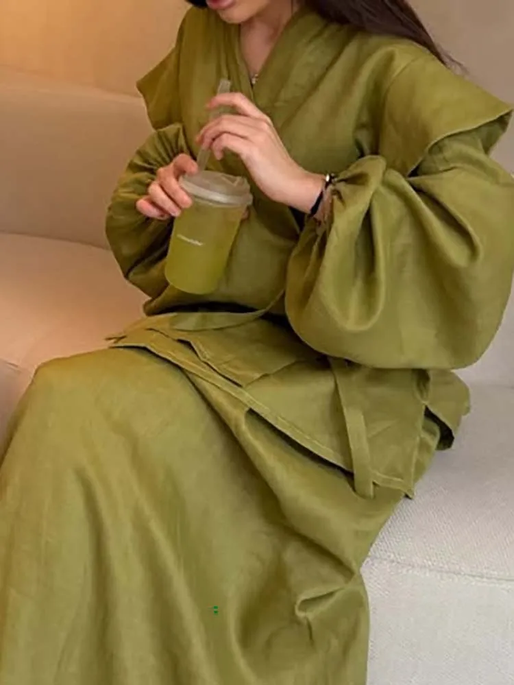 

Женские повседневные однотонные комплекты из двух предметов с длинными рукавами, модные драпированные костюмы с высокой талией, элегантные топы на шнуровке с v-образным вырезом и длинной юбкой