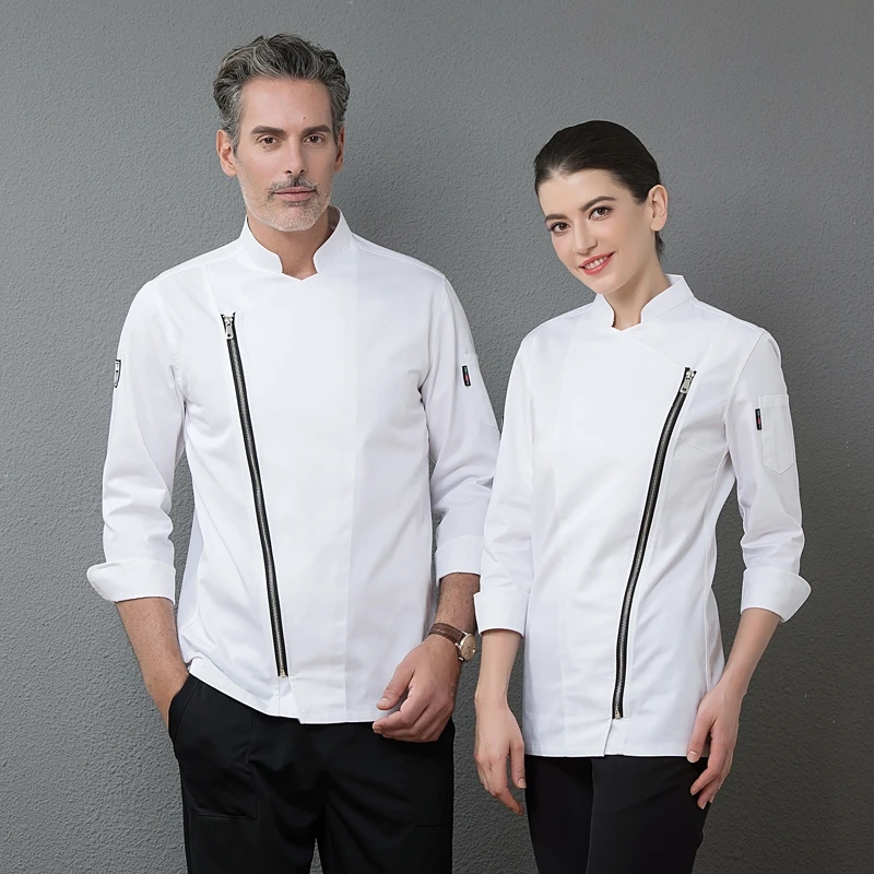 Jaqueta Chef profissional com design Zipper, mangas compridas, homens e mulheres