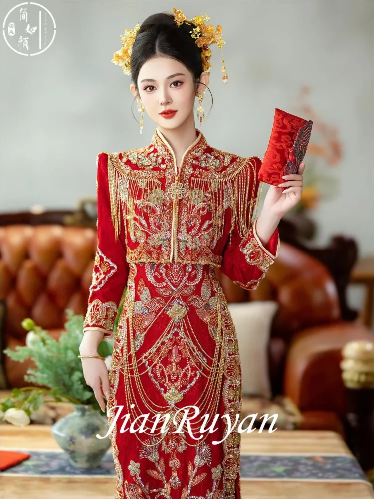 Heavy industry cheongsam new Chinese-style engagement dress set red wedding for the bride's and