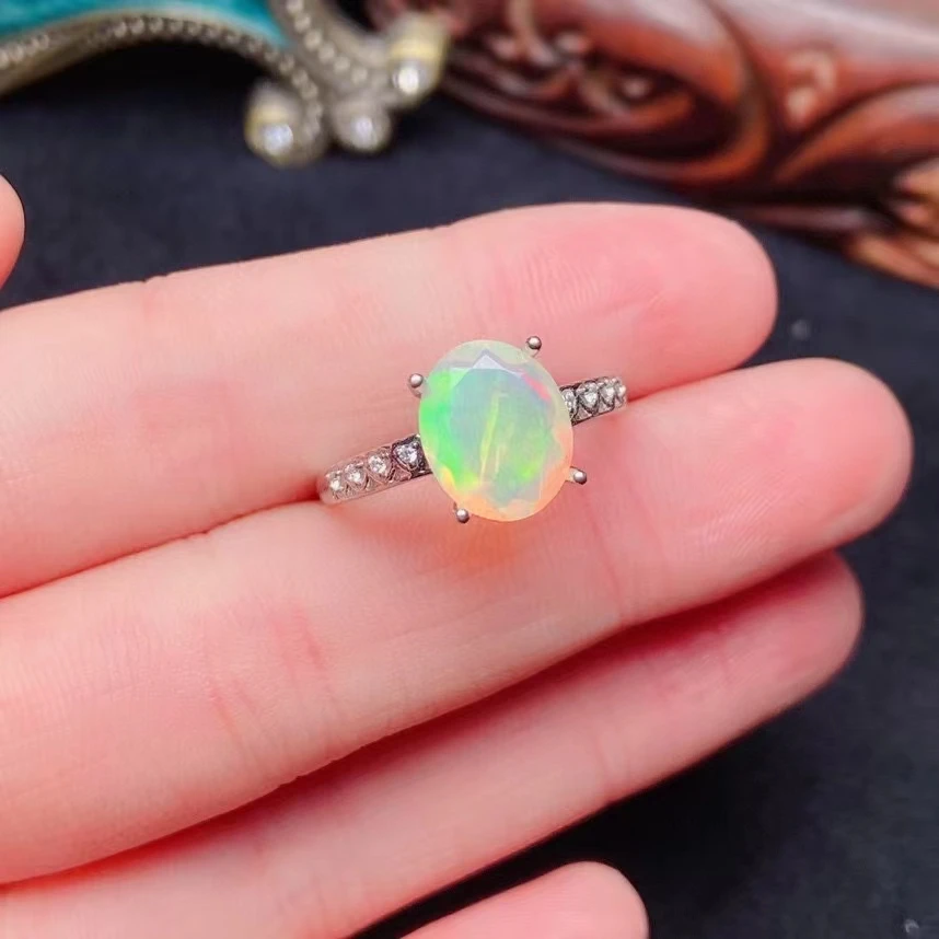 

8mm*10mm 100% Natural Opal Ring for Party Simple 925 Silver Gemstone Ring Classic Opal Silver Ring October Birthstone