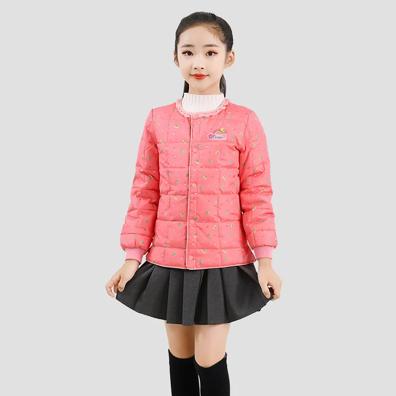 Winter 4-14Y Girls Internal Down Coat Round Collar All Over Printed Kid Girl Overcoat Sweet Style Skinny Warm Toddler Girls Coat