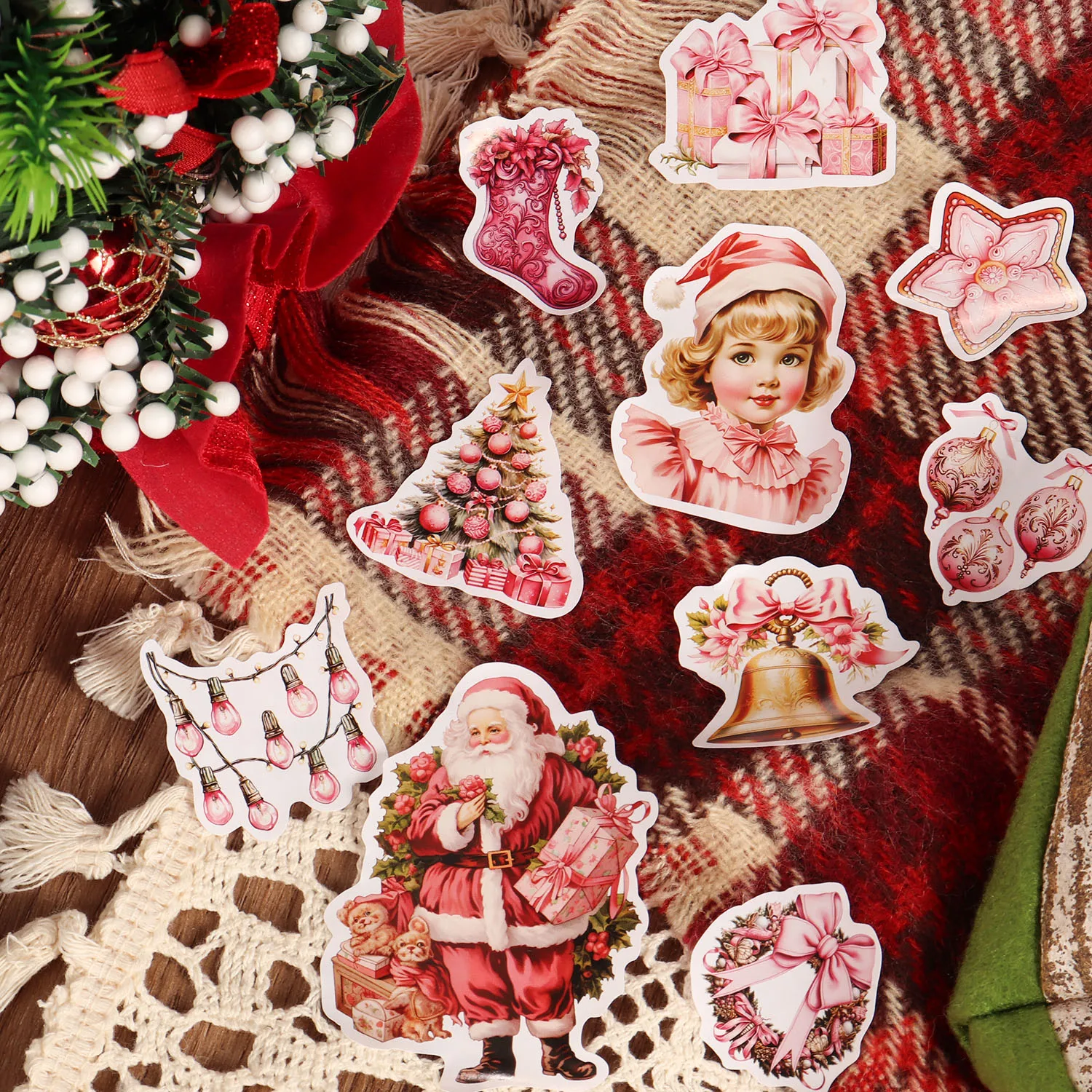72 Stück rosa selbstklebendes Weihnachts-Scrapbook-Aufkleberpaket, für Scrapbooking-Zubehör, Weihnachtsgeschenk-Dekoration, Clip-Art – Detail 1