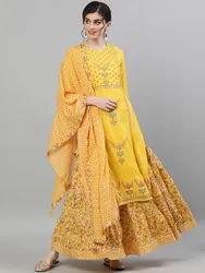 Indian Saree New Ethnic Style Women's Indian Sari Suit Cotton Silk Round Neck Long Print Daily Casual Yellow Suit