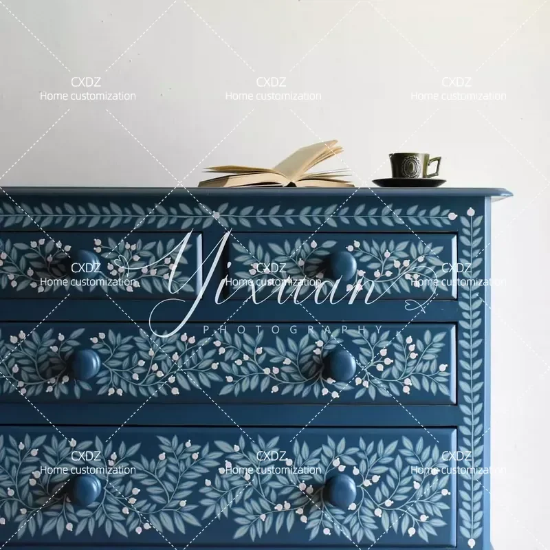 Solid Wood Hand Painted Blue Plant Flower Bucket Cabinet Modern Simple Living Room Storage Locker Furniture Customization