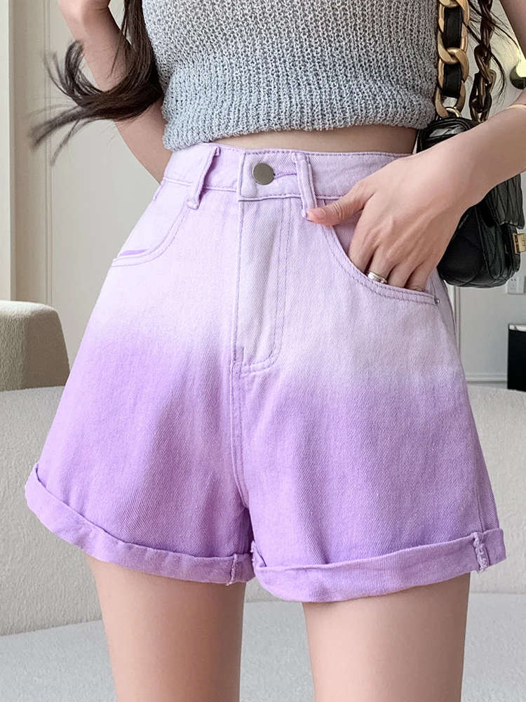 

Gradient Purple Pink Denim Shorts Girls Summer New High Waist Rolled Jeans Shorts Female Hot Short Pants Streetwear Fashion