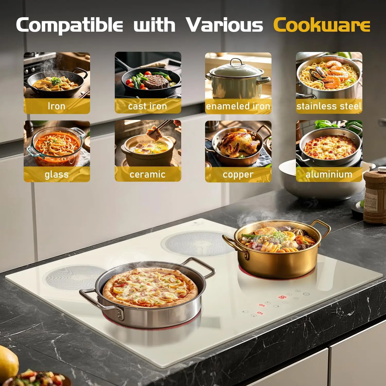 NOXTON เตาเซรามิคสีขาว 4 โซนเตาไฟฟ้า 60 ซม.Touch ควบคุมจับเวลาปลอดภัยล็อคลวดแข็งไม่มีปลั๊ก 220-240V