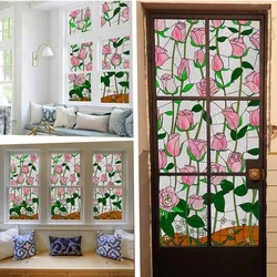 Rose Stained Lass Window Film Opaque Bathroom Toilet Privacy Protection Film Self-adhesive Retro Stained Glass Window Stickers
