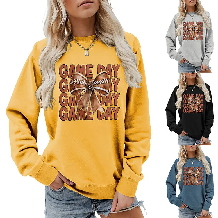 Autumn new casual long-sleeved T-shirt hoodie game day bow print loose round neck women's top with loose fashion pullover