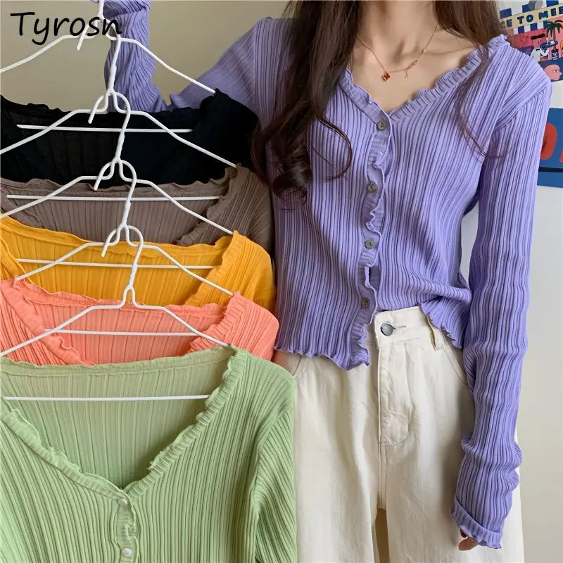 Summer Cardigan Women Korean Fashion Sweet V-neck Ruched Button Pleated Long Sleeve Comfortable Cropped Cardigans Student