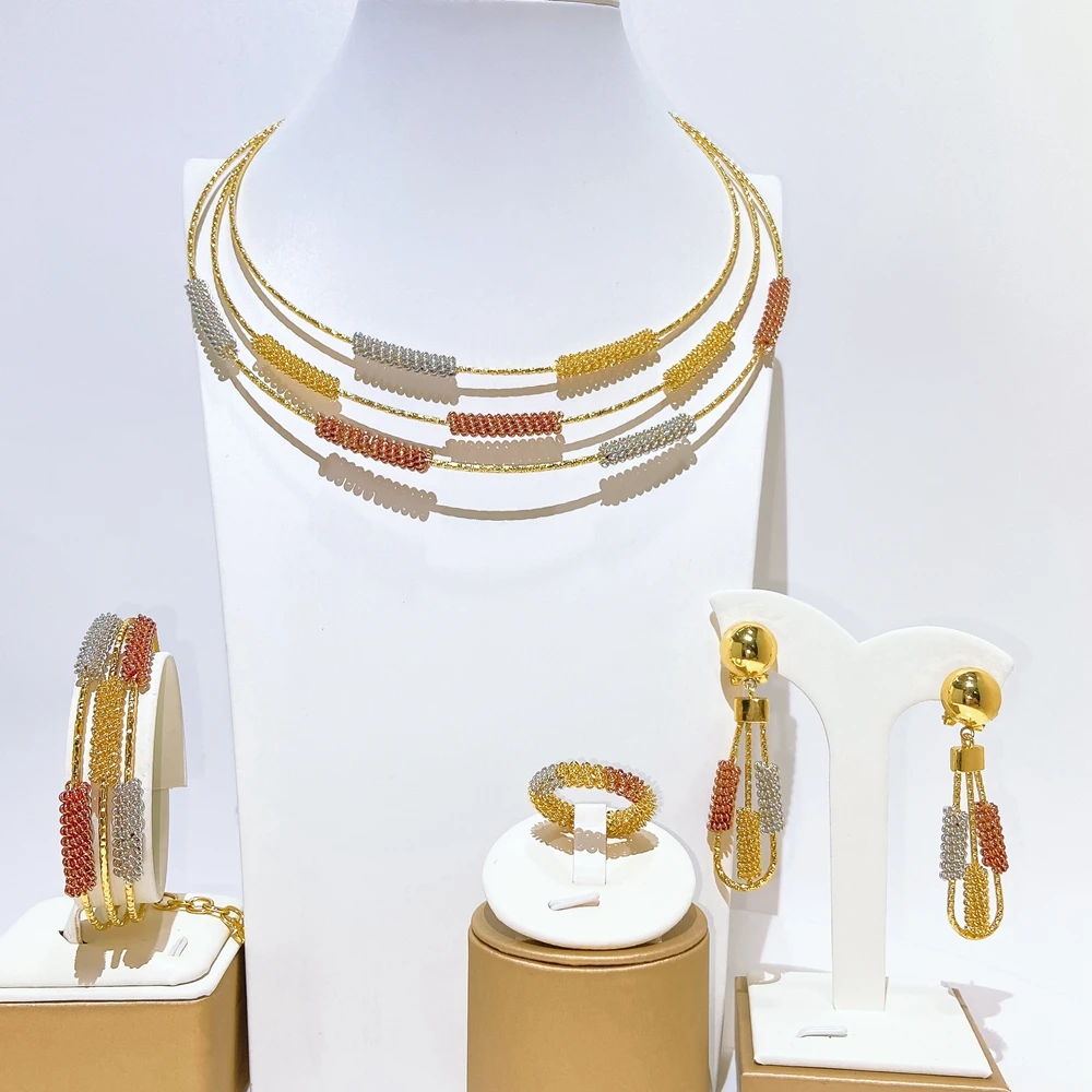 Triple Tone Gold Plated 4PCS Jewelry Set Multi-Layer Necklace with Tricolor Beaded Accents
