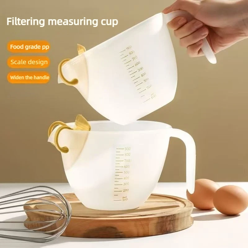 Large Capacity 1000ml Plastic Rice Washing Goblet with Filter Graduated Line Kitchen Baking Accessory Egg Liquid Strainer