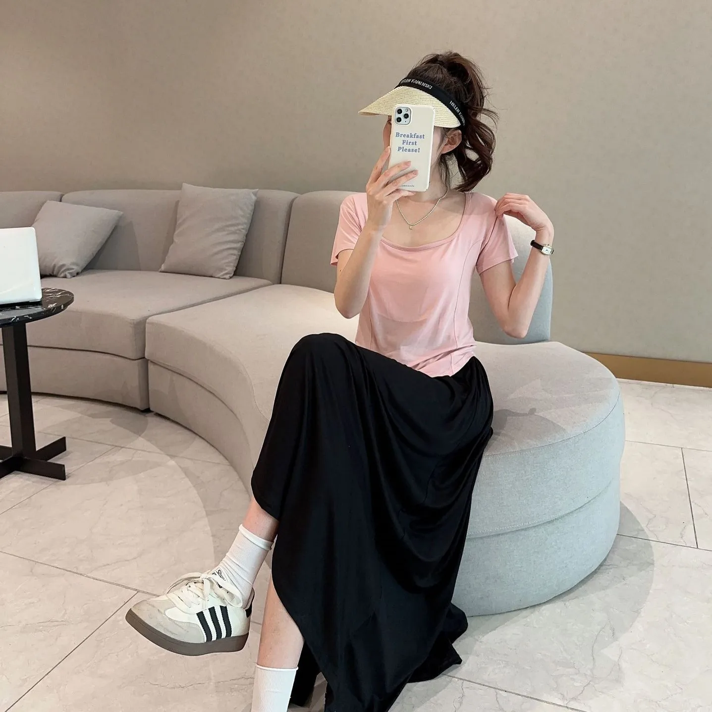 Summer 2pcs set Modal Square collar Tshirts short sleeves and Skirts women\'s casual loose streetwear suits Plus size Solid color