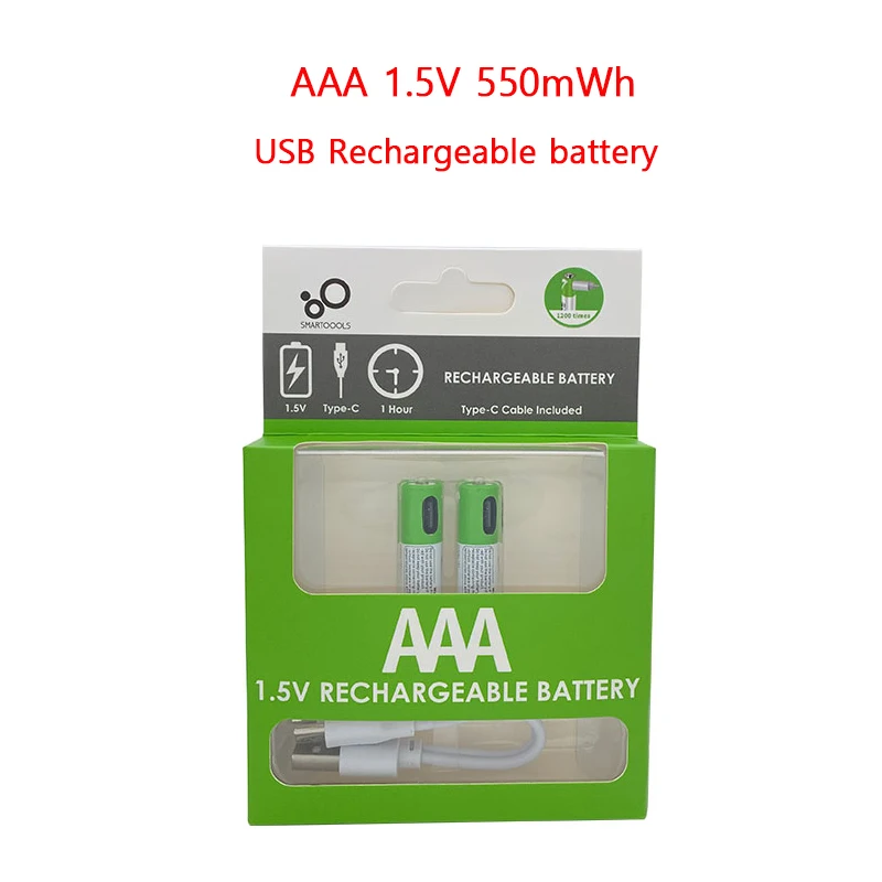 2PCS AAA+AA USB rechargeable battery 1.5V AAA 550mWh/AA 2600mWh li-ion batteries for Shaver,clock, mouse,hermometer+TYPE-C Cable