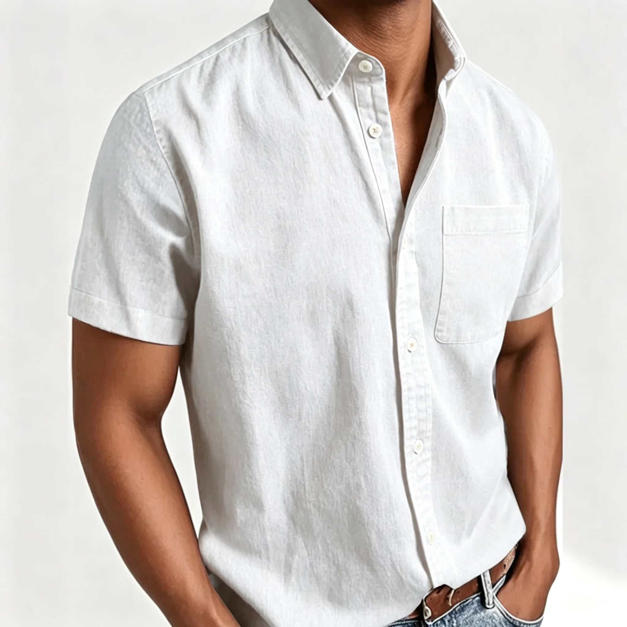 Men's Short-Sleeve Slub Linen Shirt-Collared, Single-Pocket, Versatile Casual Top