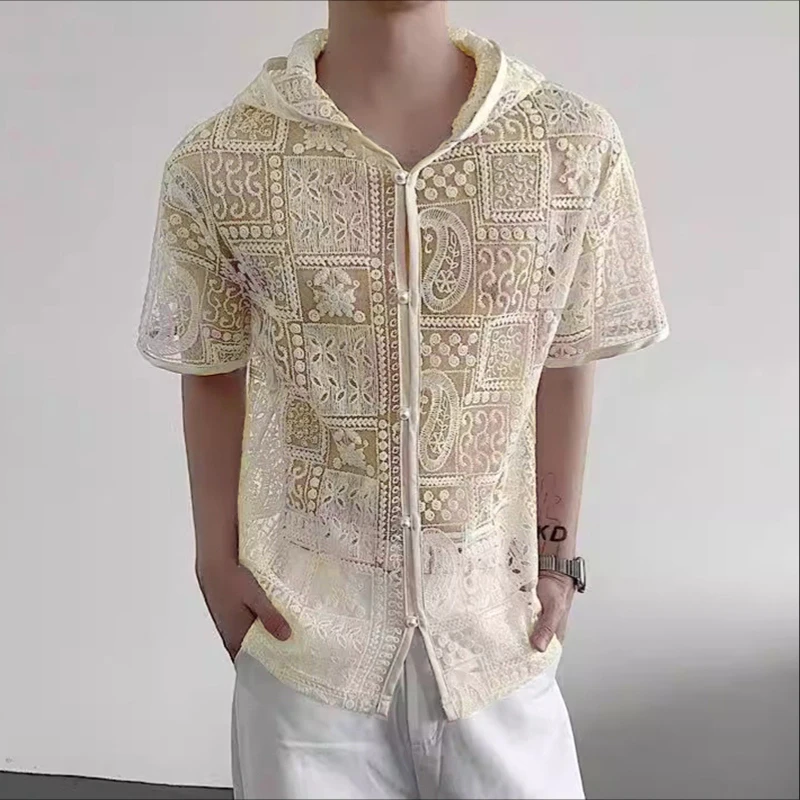 INCERUN, camisa para hombre de encaje transparente con capucha, manga corta, botón, ropa para hombre, ropa informal suelta Sexy, camisas informales de moda para hombre 2025