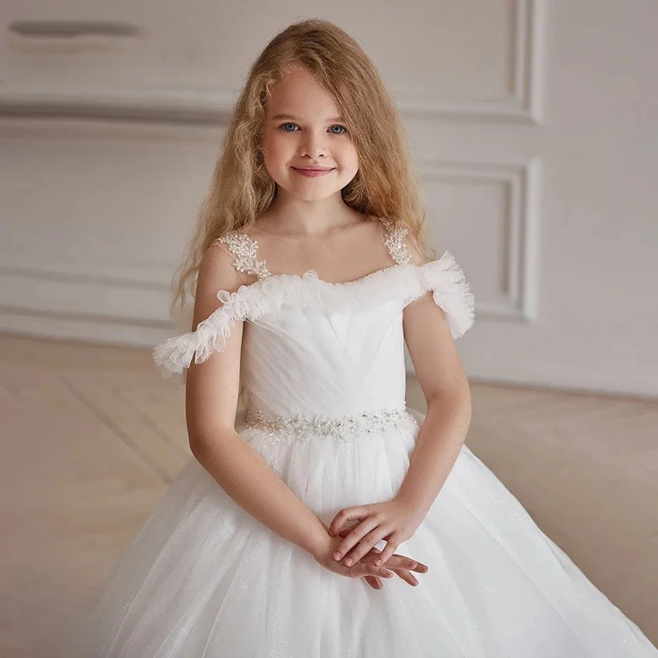 

Cute Flower Girl Dresses Kids Fluffy Tulle Floor Length Princess Dress First Communion Birthday Wedding Gowns Banquet