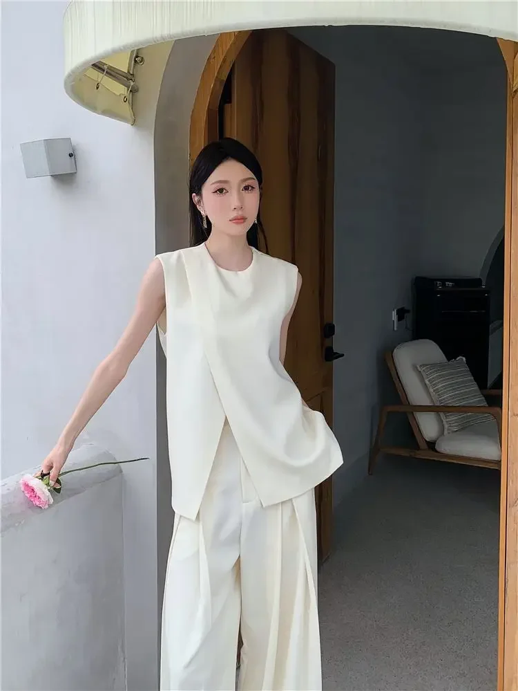 2024 estate nuova edizione coreana stile di fascia alta gilet pantaloni gamba larga due pezzi Set per la moda femminile e lo stile alla moda