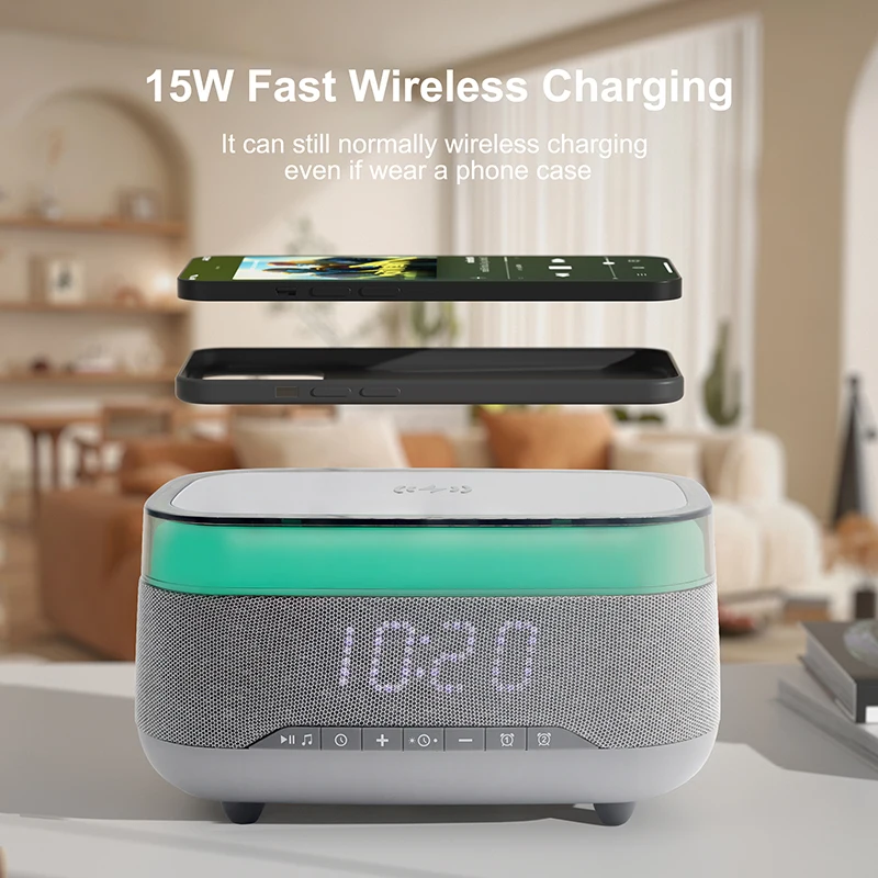 Caricabatterie wireless per telefono cellulare a ricarica rapida multifunzione 4 in 1 da 15 W con sveglia, luce notturna e altoparlante Blue Tooth