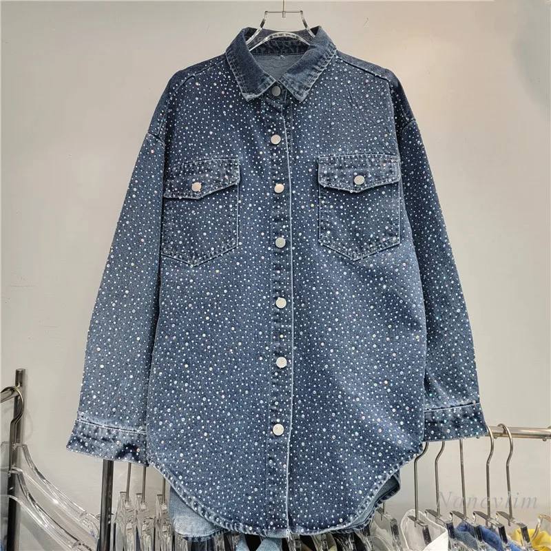 European Style Hot Drill Top Women 2024 Autumn New High Temperature Rhinestone Single-Breasted Denim Shirt Jacket