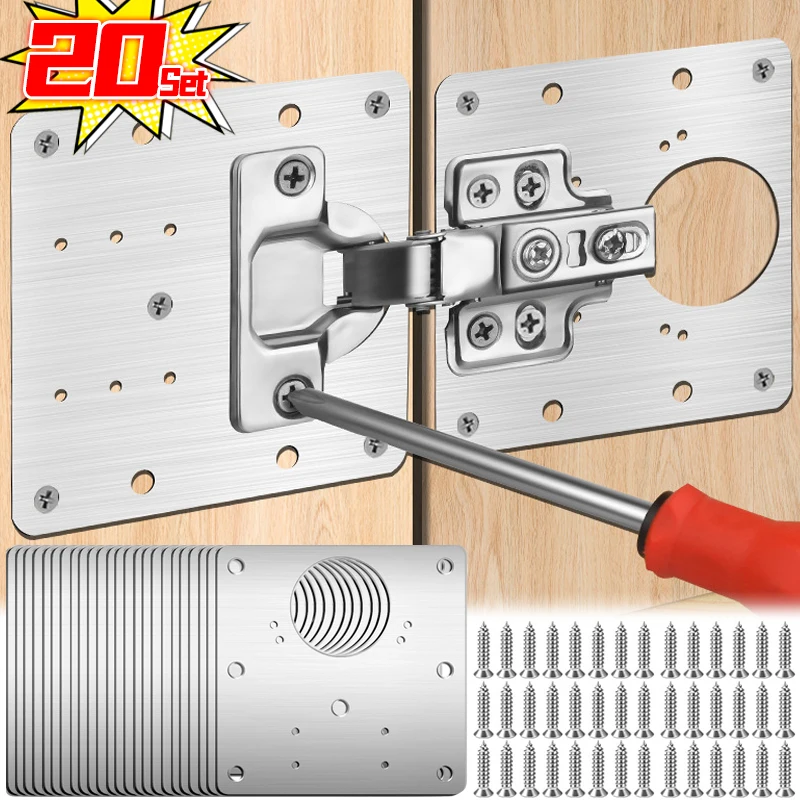 2/20Sets Hinge Repair Plate Kitchen Cabinet Door Hinges Mounting Plate with Screw Flat Fixing Brackets Furniture Hardware Tools