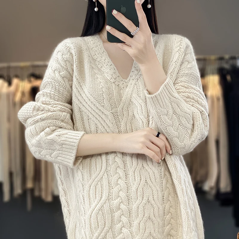 New Arrivals Large size Hollow Out Women's Sweater 100% Merino Wool O-Neck Pullovers Loose-fitting Knitted Jumpers Lady Clothing