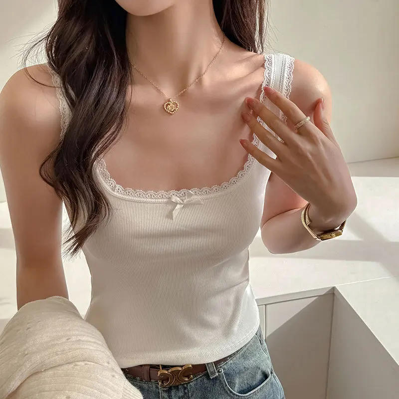 Desire Kamisol Potongan Renda Putih Pakaian Luar Pelangsing Ikatan Simpul Musim Panas Wanita Atasan Pakaian Dalam Tanpa Lengan