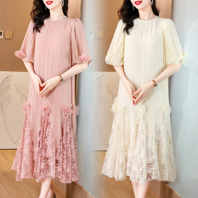 Women Luxury Floral Beading Embroidery Midi Dress 2024 Korean Elegant Loose Maxi Dress Summer Vintage Chic Party Evening Vestido