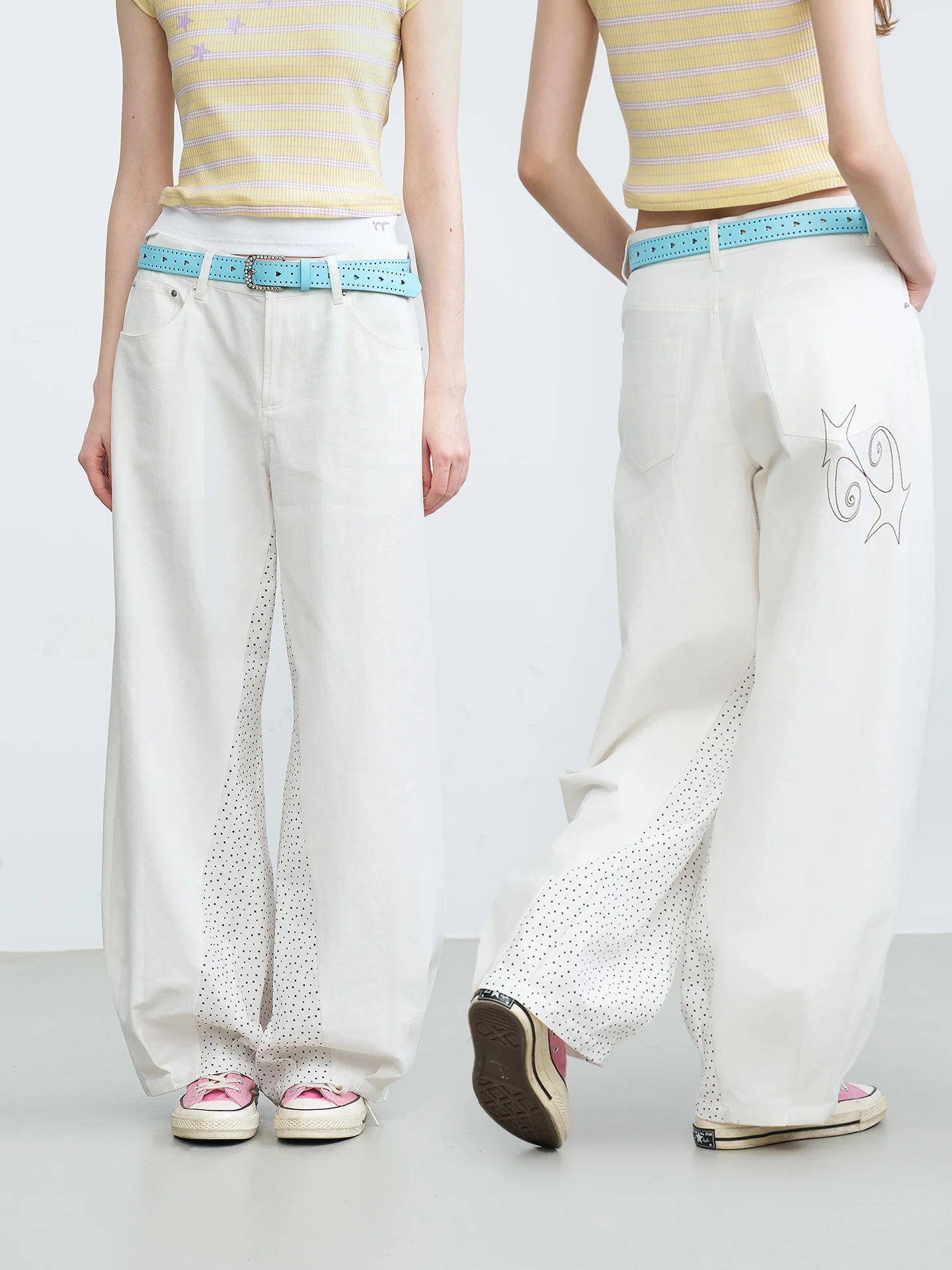 

Riverstone plus Simple Embroidered Casual Pants Women's Polka Dot Design Work Trousers Irregular Splicing Leisure Pants