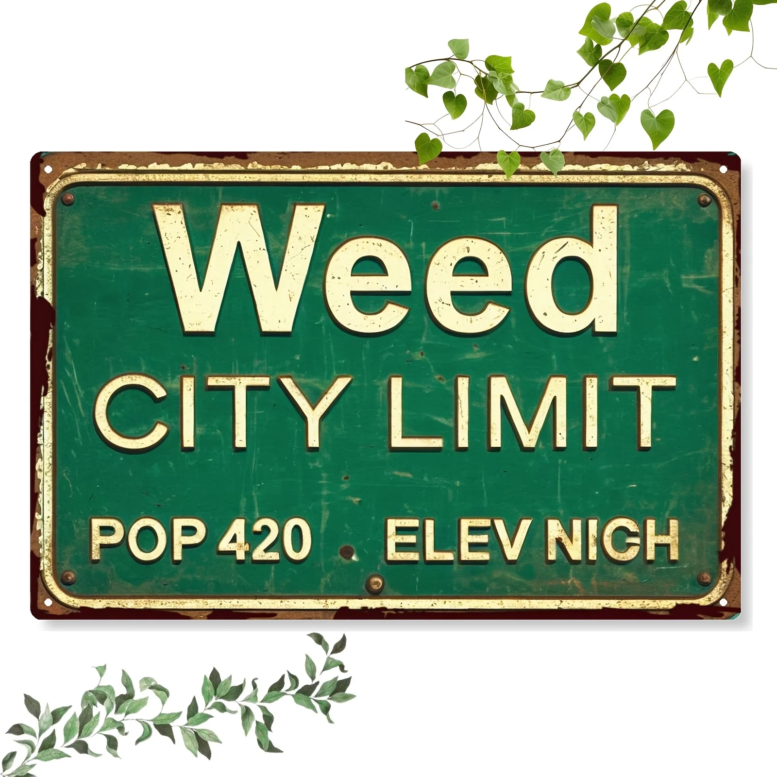 2D Metal Sign Weed City Limit Wall Art – 12x8 Inch Rustic Iron Plaque, Gold Letters, Vintage Farmhouse Decor for Home Bar Man Ca