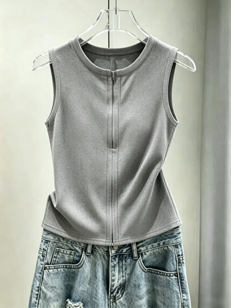 Slimming Cotton Blend Halter Neck Vest Women's Summer Wear Outerwear Innerwear Sleeveless Top Zipper Detail Waist Cinching