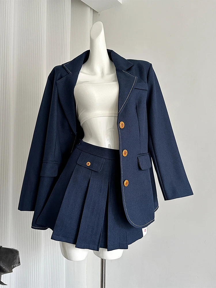 Women Two Piece Suit Vintage Long Sleeve Blazer Coats with A-Line Mini Skirts Vintage Y2k Skirts Sets Elegant 2000s Clothes 2024