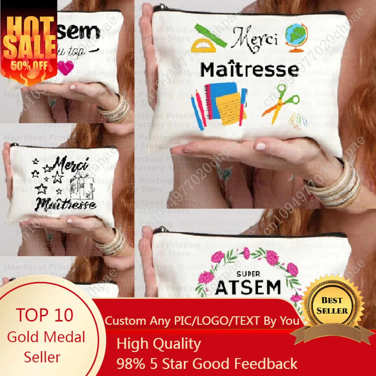 

French Thank You Maîtresse Print Travel Cosmetics Bag Lipstick Bag Pencil Case Pouch Bags for Women Back To School Gift