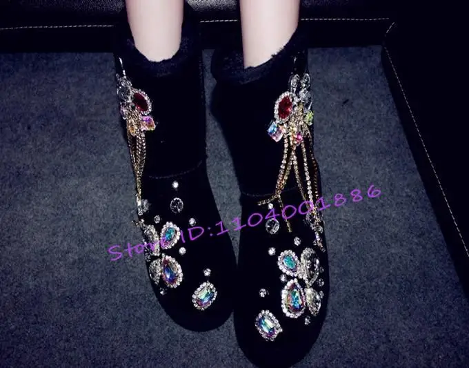 Crystal Pink Black Women's Snow Boots Fashion Shiny Rhinestone Chain Slip On Short Booties Winter Warm Sweet Lolita Casual Shoes